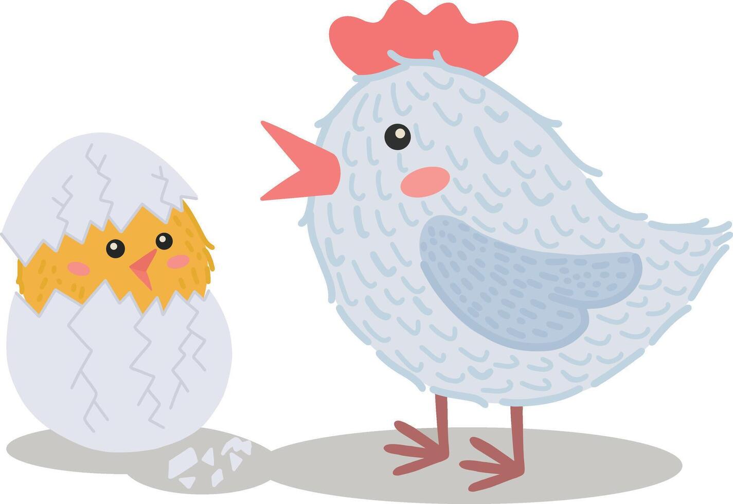 Vector illustration of a chicken with a chicken hatched from an egg. A vivid illustration of Easter. An illustration for Mother's Day. A retro-style picture for a happy Easter. Stock illustration