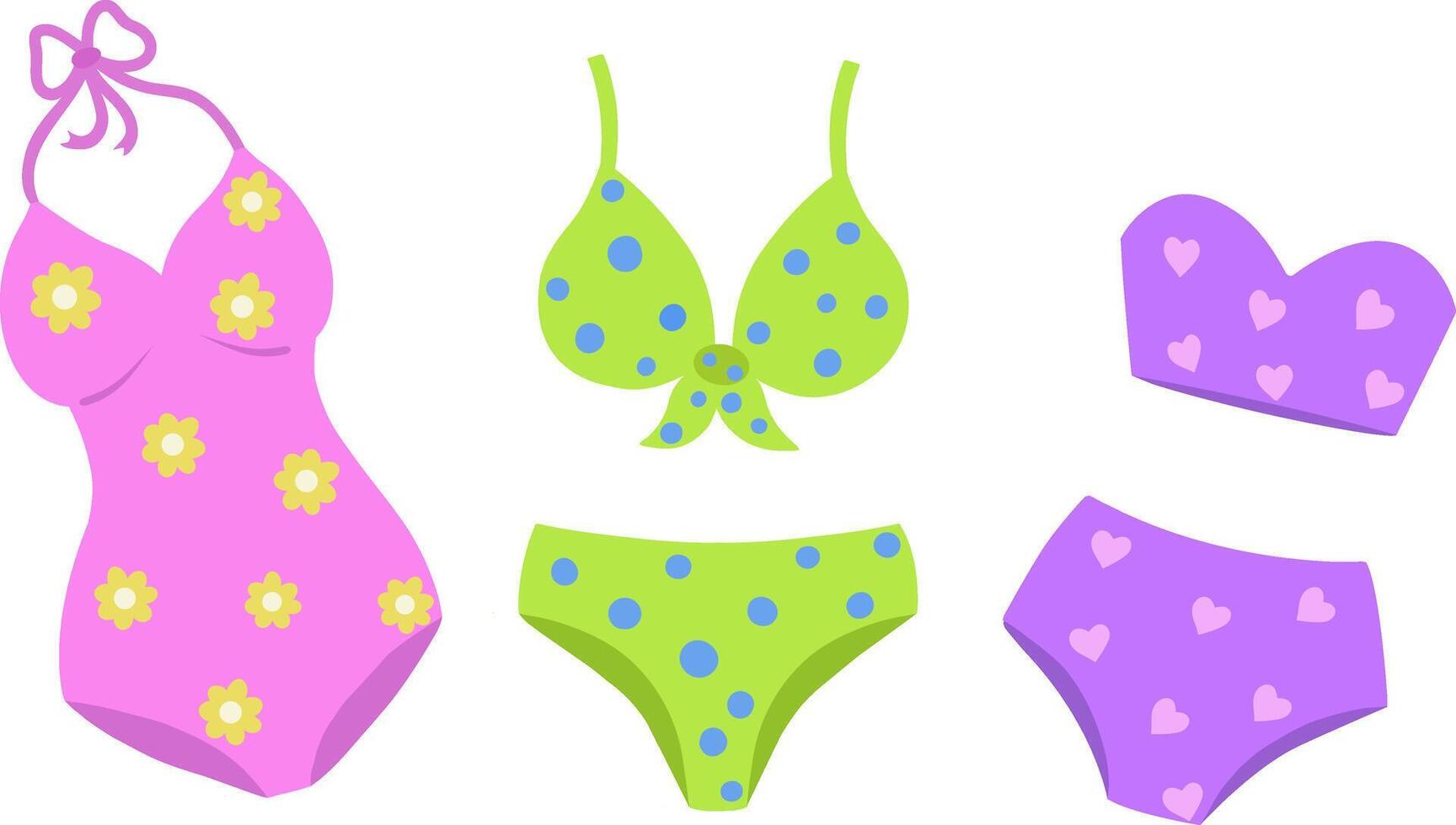 A collection of stylish swimwear, underwear, bikinis and tops.  A set of swimwear with bright prints. Vector illustration isolated on a white background.