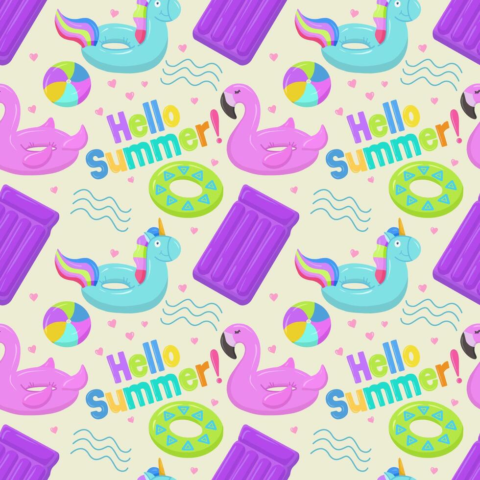 Inflatable rubber toys for water and beach. Inflatable swimming circle with blue unicorn, flamingo, circle pattern, ball. Seamless vector pattern on summer and marine themes.