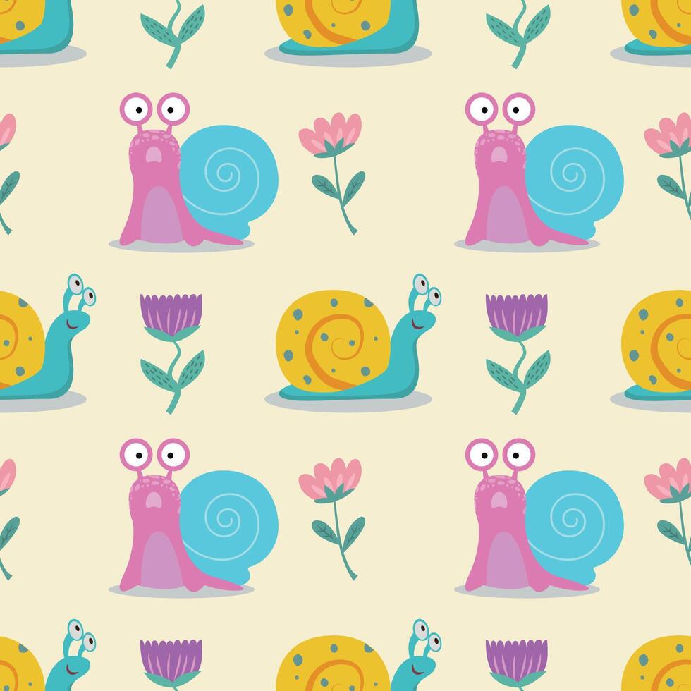 Seamless pattern with snails and flowers. Cute vector illustration with snail flowers for children's postcards, wallpapers, packaging.