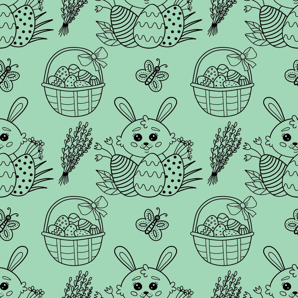 Seamless pattern with flowers, willow, basket with eggs and rabbits for Easter, vector illustration. Easter vector pattern with rabbit, butterfly, eggs, cake.