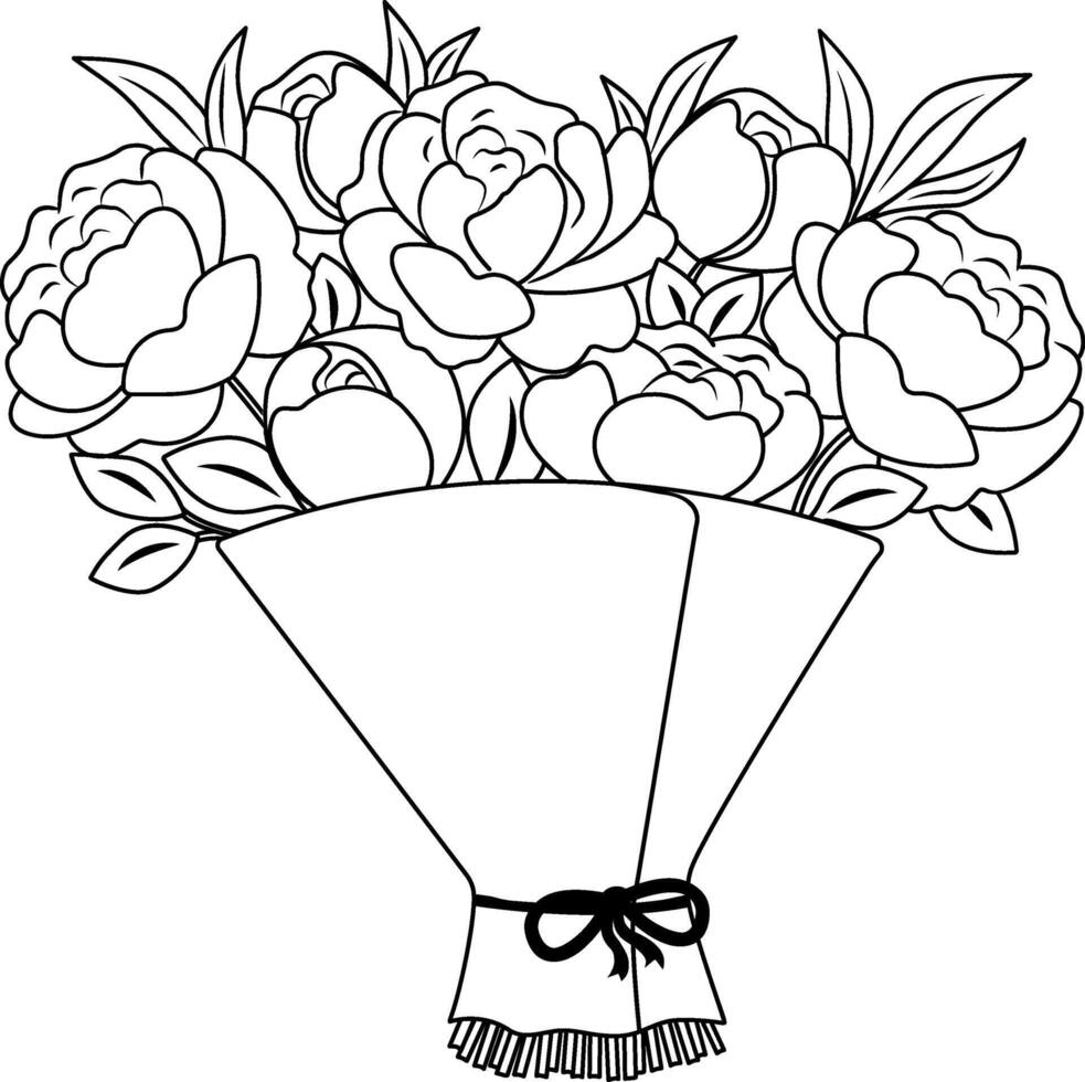 vector ilustración de un ramo de flores de flores ramo de flores de peonias, negro y blanco bosquejo en un blanco antecedentes. un primavera o verano ramo de flores con peonias San Valentín día, marzo 8, de la madre día.