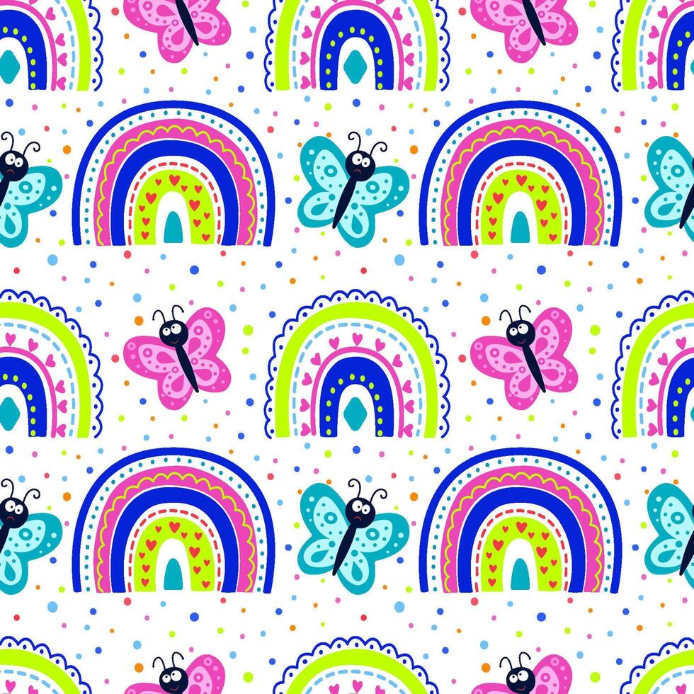 sin costura arco iris modelo con mariposas arco iris en el cielo con mariposas y corazones. diseño en brillante colores para el para niños habitación, textiles y telas vector