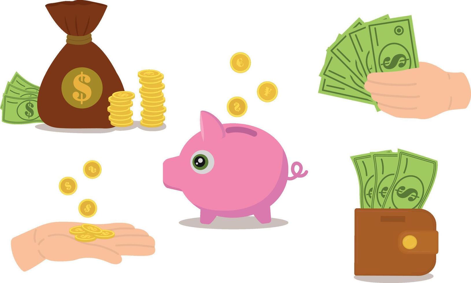 A set of vector illustrations, coins, bills, a purse with dollar bills, a hand with money, a piggy bank and a bag of money, cash savings. Business illustration.