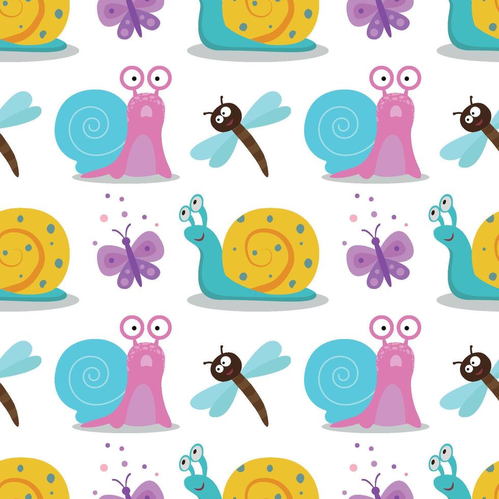 Seamless pattern with snails, dragonflies and butterflies. Cute illustrations with snails, dragonflies, butterflies for children's postcards, wallpapers, packaging. vector