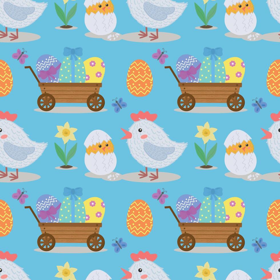 Seamless pattern with chicken, egg, flowers, egg cart, butterflies. Vector illustration for Easter.