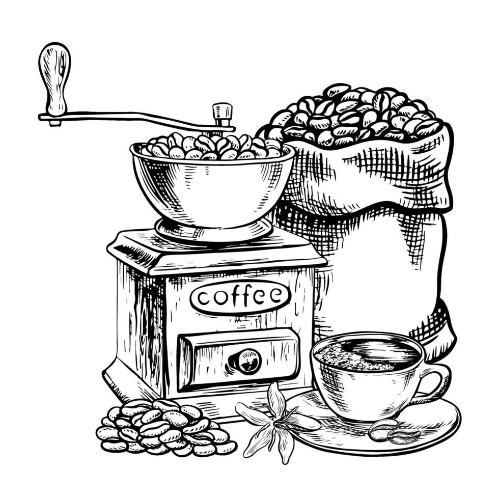 An antique coffee grinder, a bag of beans and a cup of coffee. Vector black and white graphic illustration is hand-drawn. For printing, menus, postcards and packages. For banners, flyers and posters.