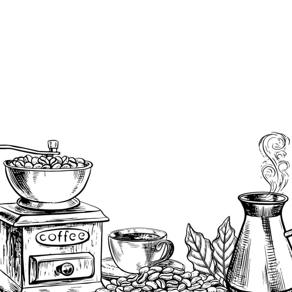 Coffee frame, curb with coffee grinder, coffee maker. Vector black and white illustration is a hand-drawn illustration. For printing, menus, postcards and packages. For banners, flyers and posters.