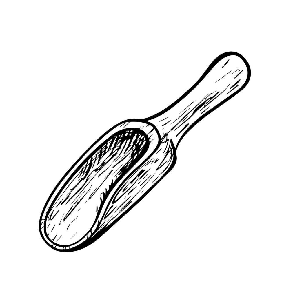 Wooden scoop for cereals and dry products. Vector black and white illustration on a white isolated background. For printing, menus, postcards and packages. For banners, flyers and posters.