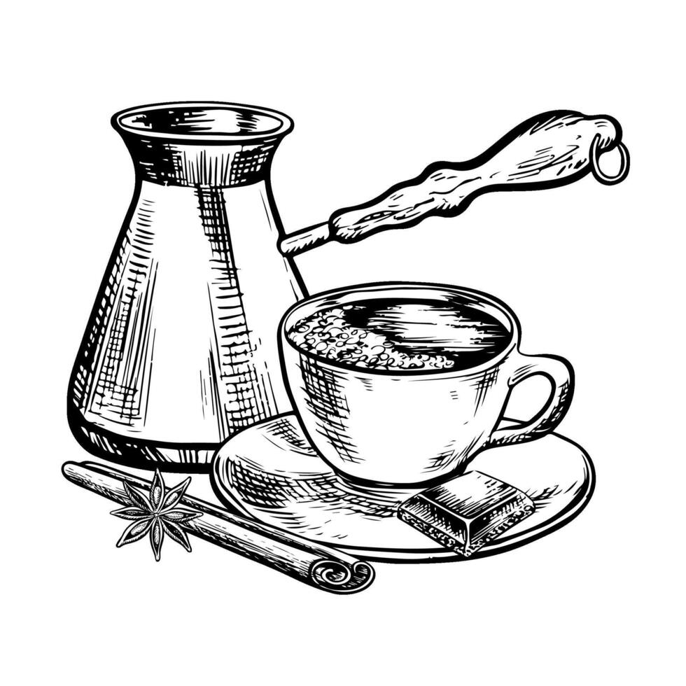 A coffee maker and a cup of coffee with spices anise and cinnamon. Hand-drawn, vector black-and-white graphic illustration. For printing, menus, postcards and packages. For banners, flyers and posters