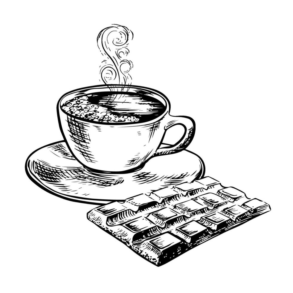 A cup of coffee with a chocolate bar. The vector, graphic black and white illustration is hand-drawn on a white isolated background. For printing, menus, postcards and packages. For banners, flyers. vector