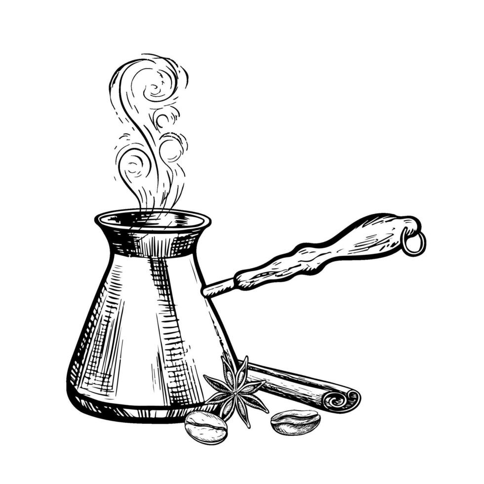 Coffee maker, coffee making facilities. Hot coffee with spices. A hand-drawn drawing, vector black-and-white illustration. For printing, menus, postcards and packages. For banners, flyers and posters.