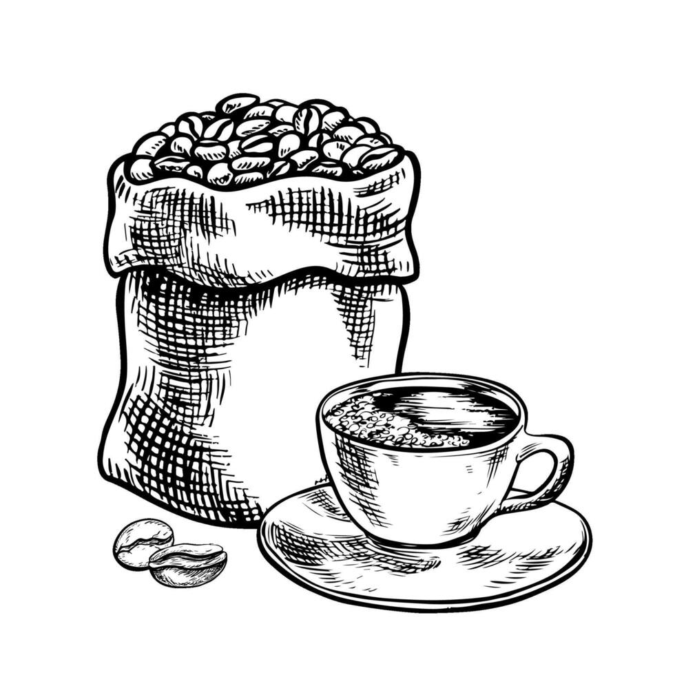 A sack filled with coffee beans and a cup of coffee, black and white vector graphic illustration. For packaging, logos and labels. For banners, flyers, menus and posters.