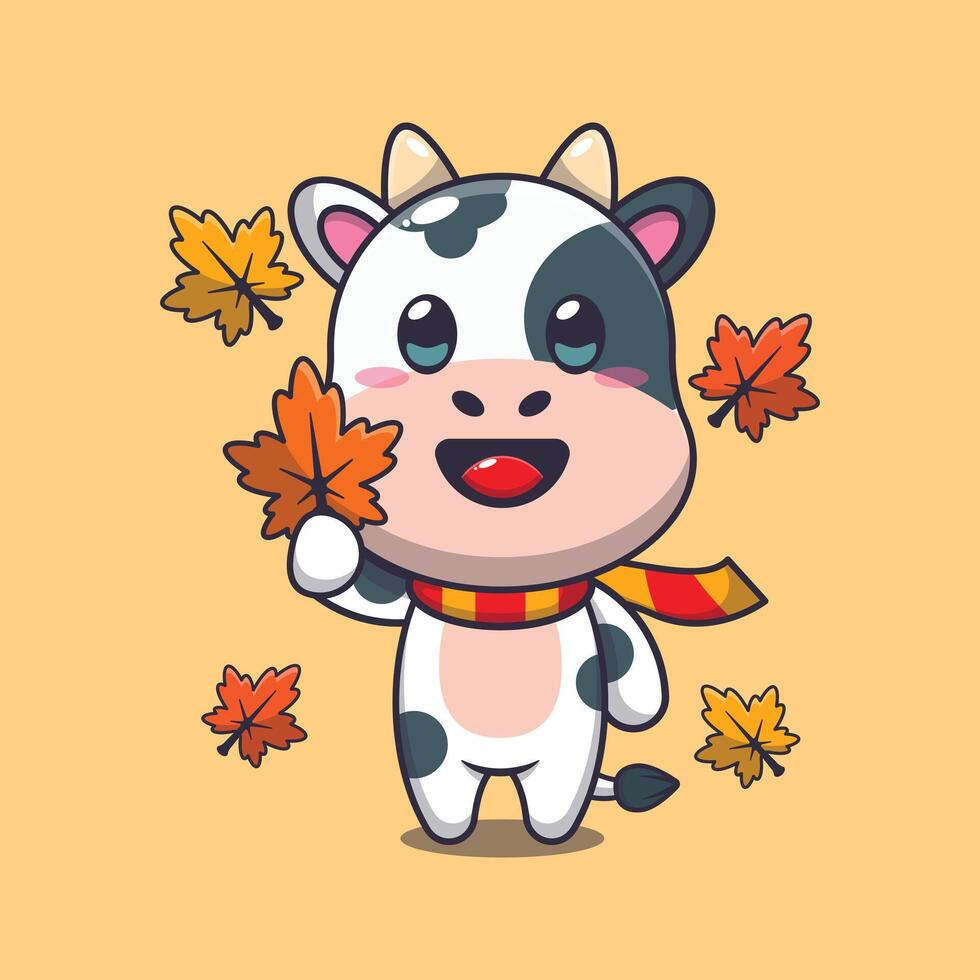 linda vaca participación otoño hoja. vector