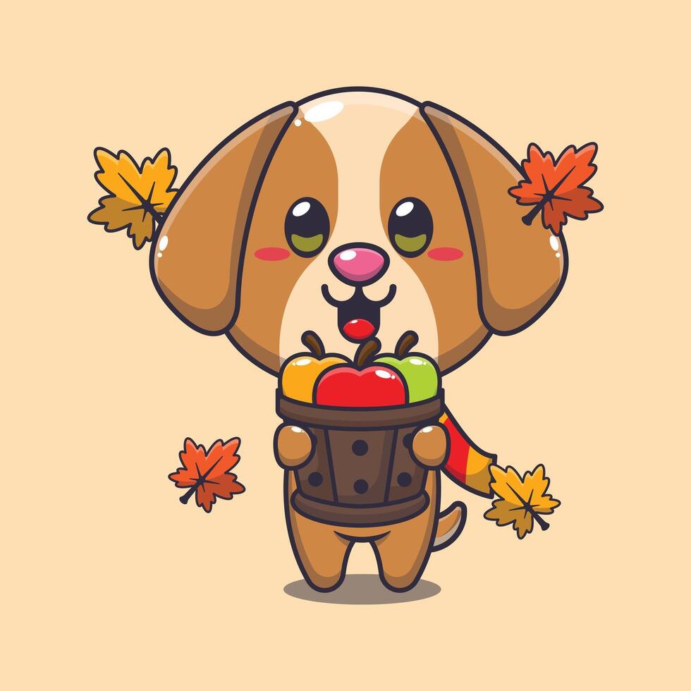 Cute dog holding a apple in wood bucket. vector