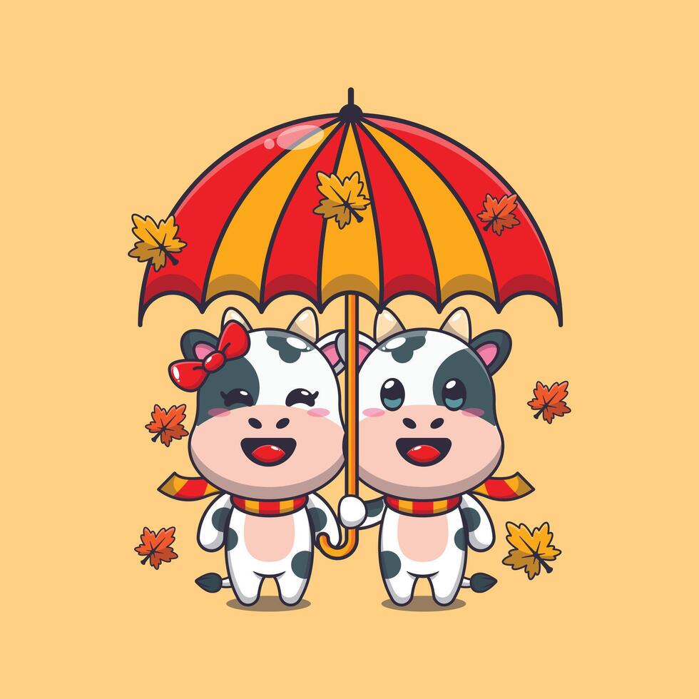 Cute couple cow with umbrella at autumn season. vector