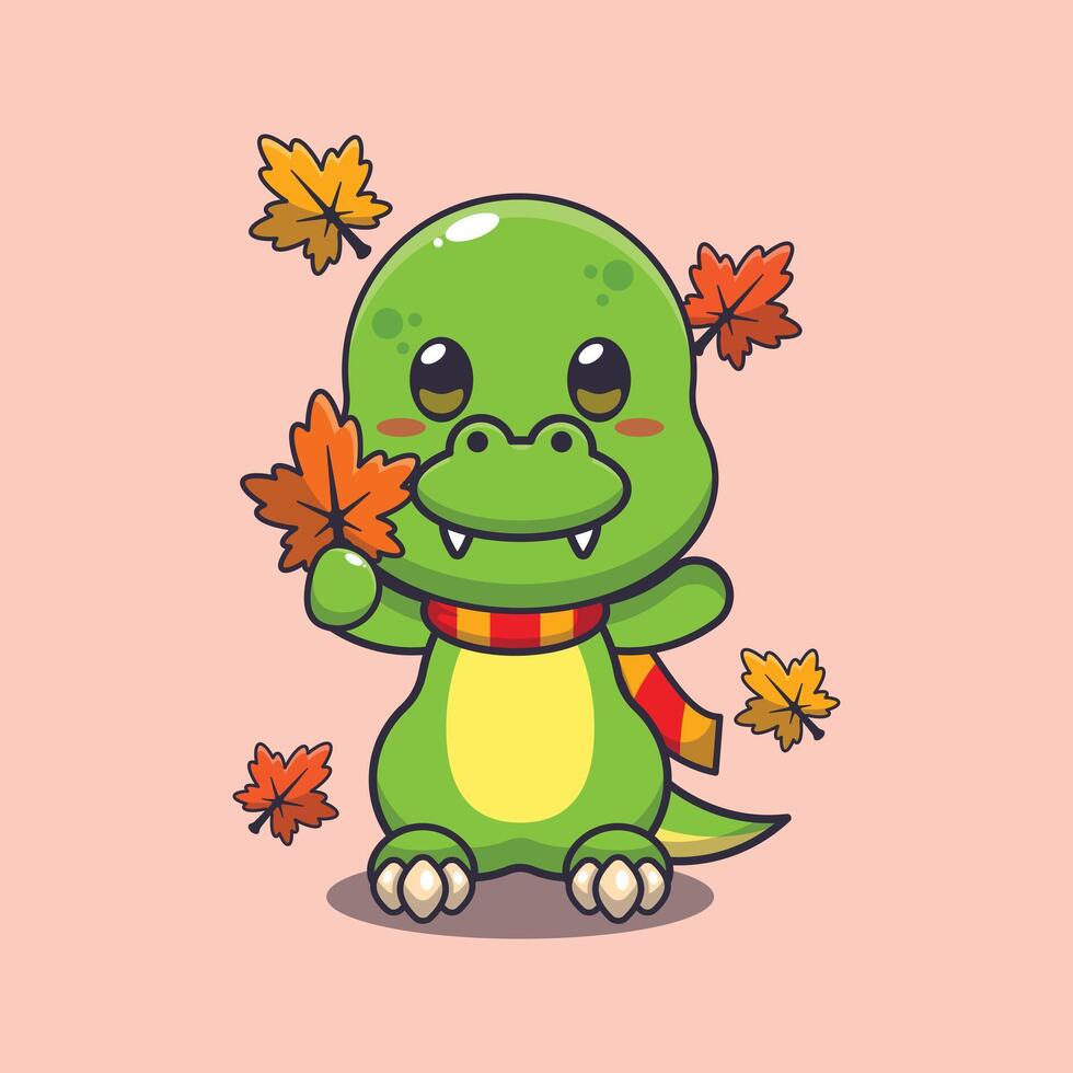 Cute dino holding autumn leaf. vector