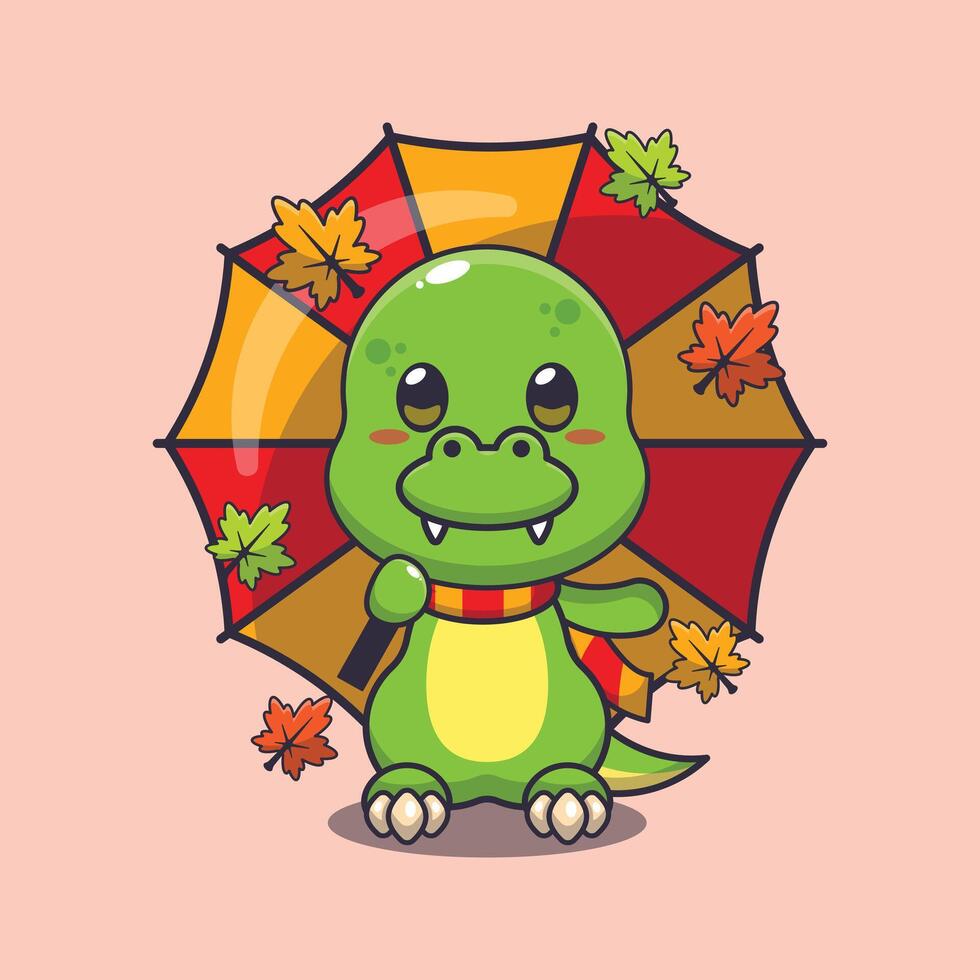 Cute dino with umbrella at autumn season. vector