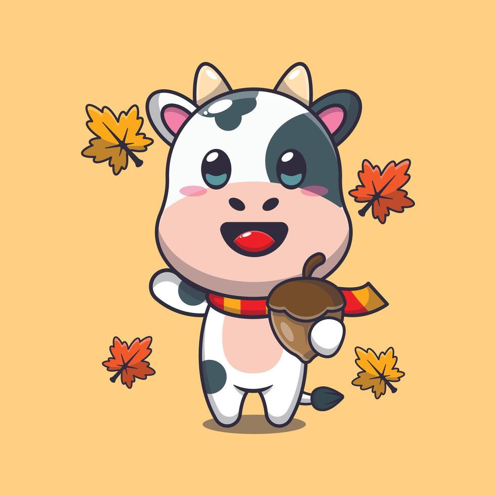 Cute cow with acorns at autumn season. vector