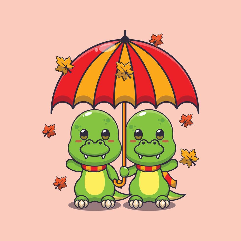 Cute couple dino with umbrella at autumn season. vector