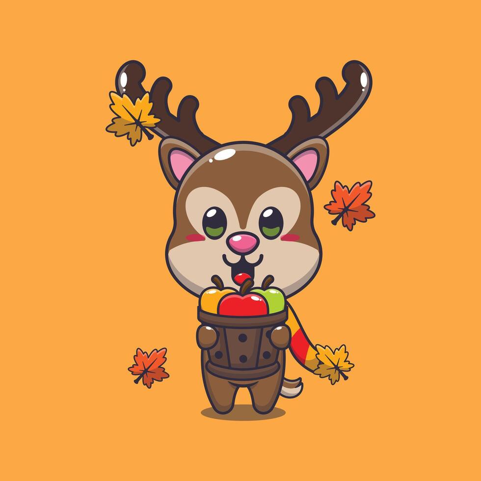 Cute deer holding a apple in wood bucket. vector