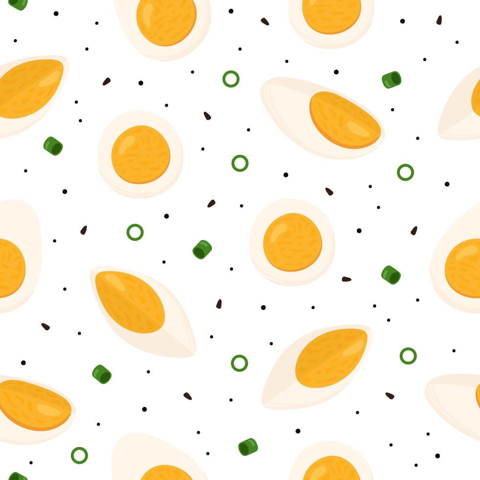 Seamless pattern with boiled egg slices and halves vector