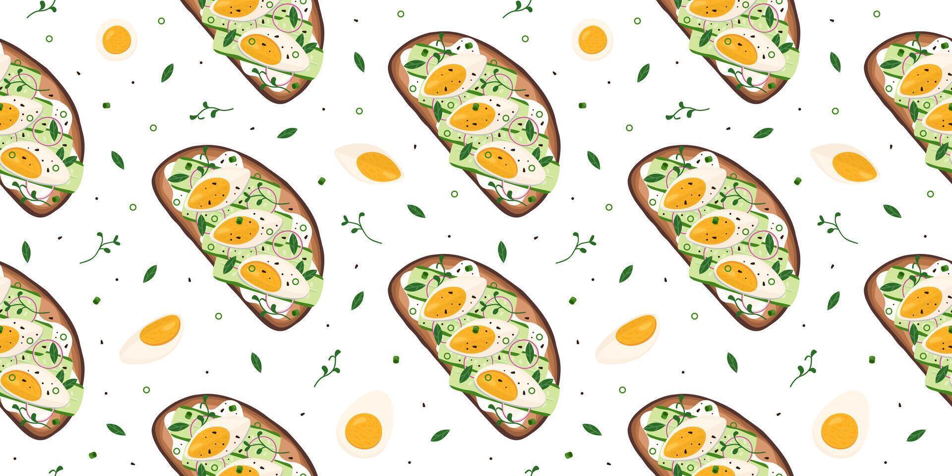 Pattern with bruschetta, boiled eggs and greenery vector