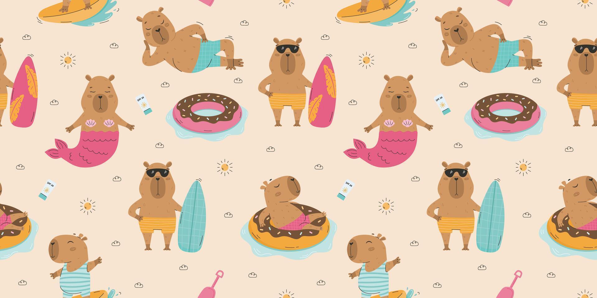 Funny summer capybaras seamless pattern vector