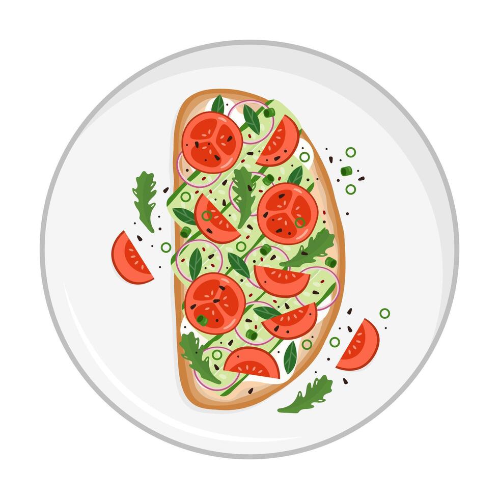 Fresh bruschetta with cucumbers and tomatoes vector