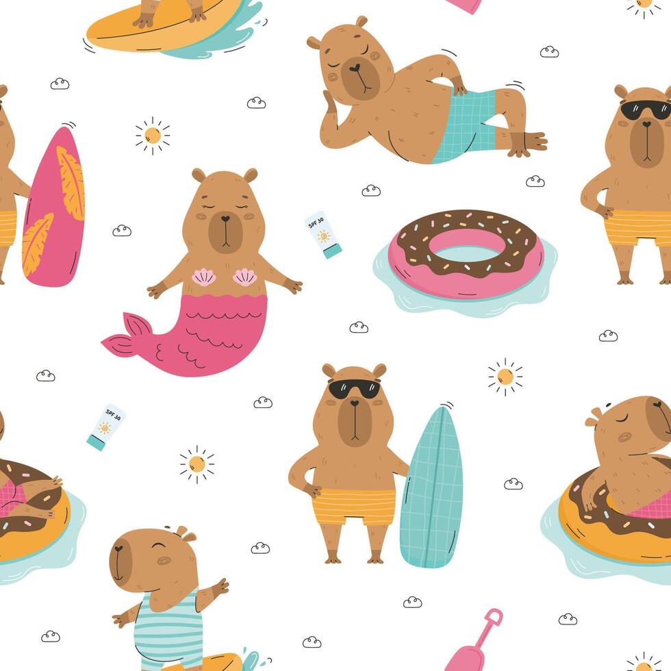 Cute summer capybaras seamless pattern vector