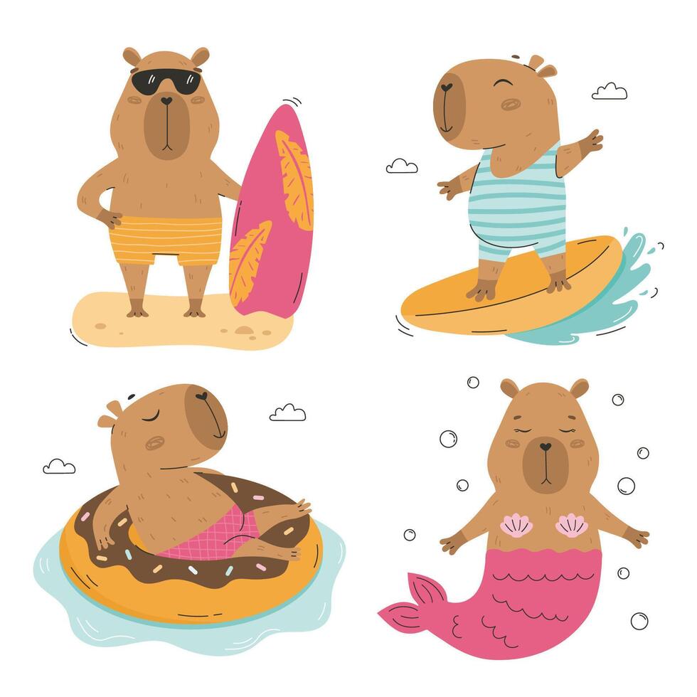 Summer tropical capybaras travel, surf and relax vector