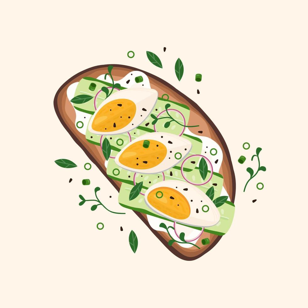 Tasty bruschetta with cucumbers, eggs and onion vector