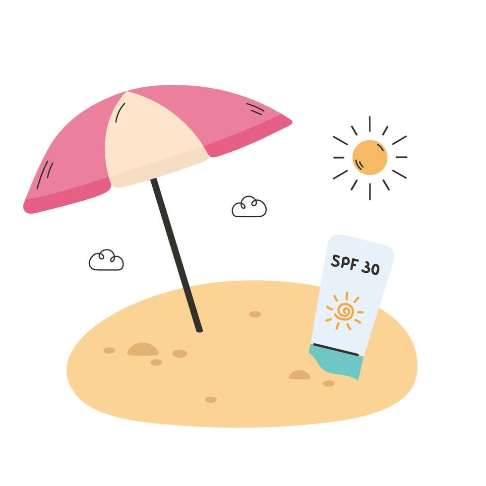 Summer sunscreen spray and beach umbrella on sand vector