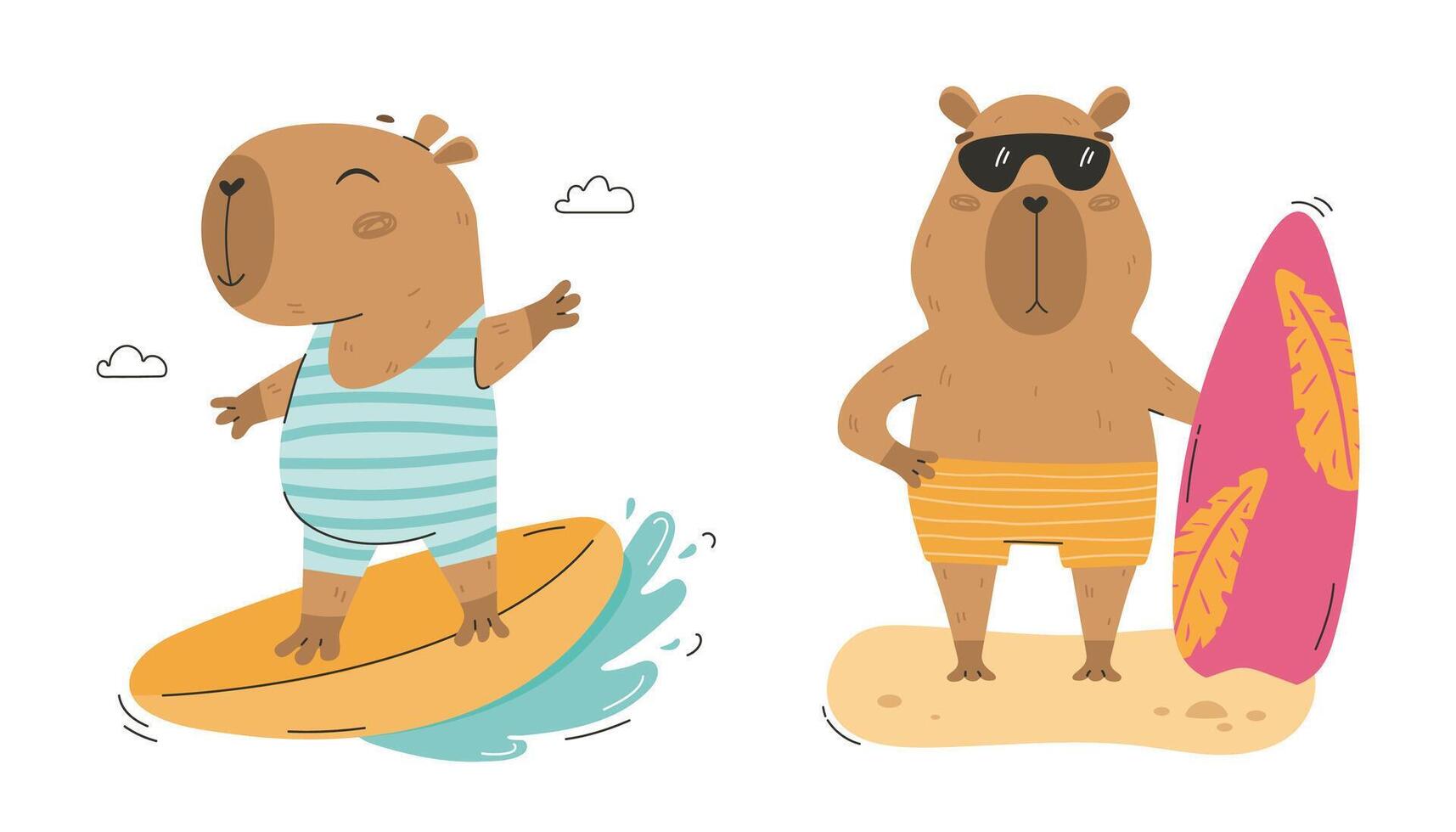 Funny capybara with surf board set vector