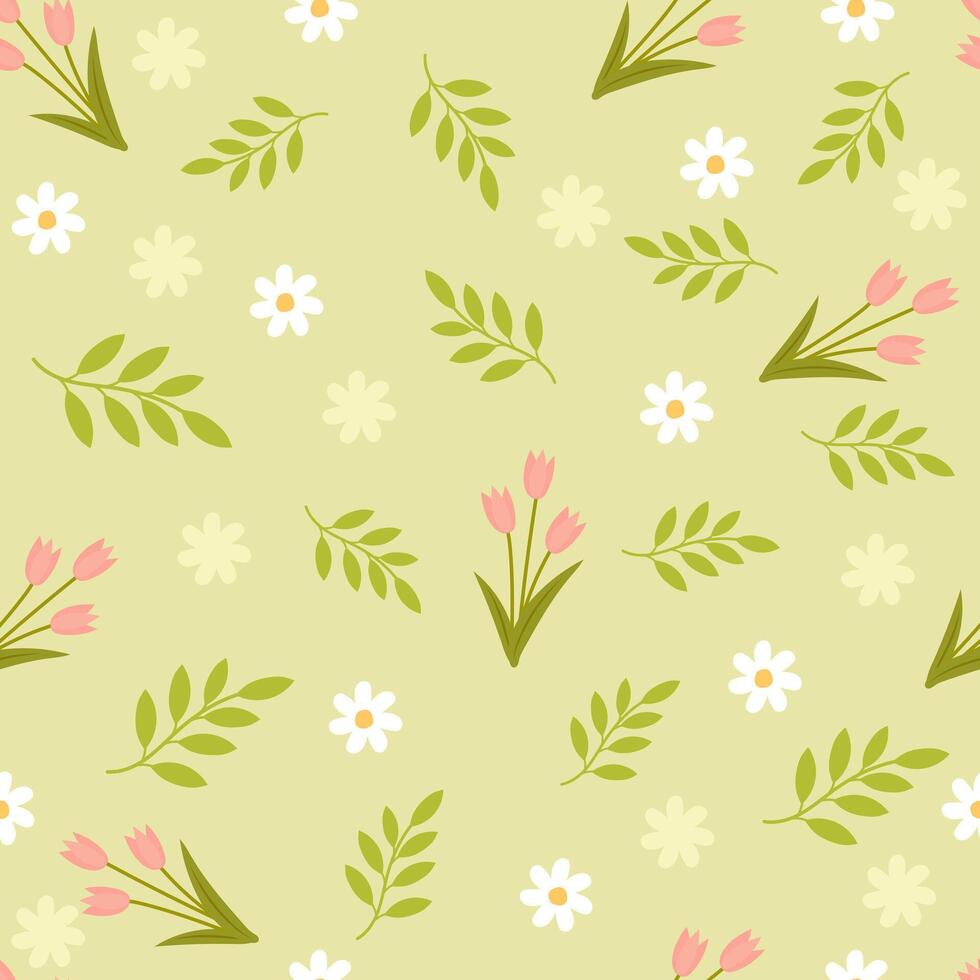 Flowers and leaves in flat design seamless pattern vector