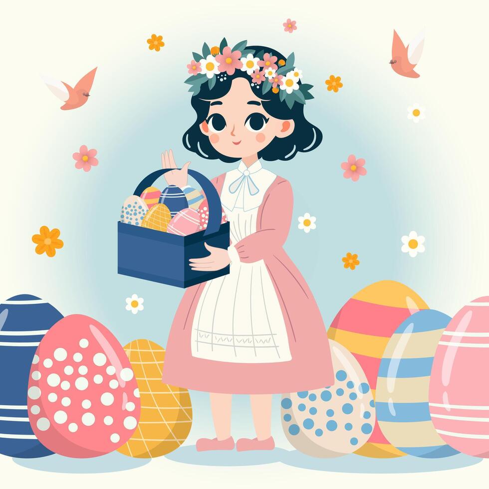 niña con canasta de huevos de pascua vector