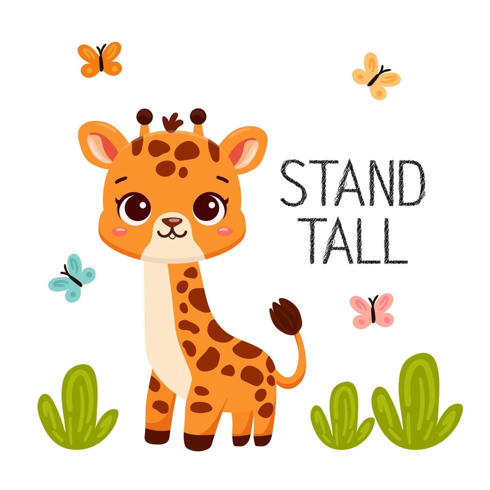 Cute Young giraffe Stands On White vector