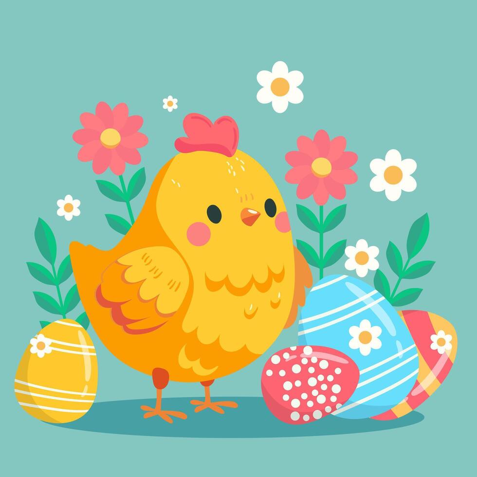 Happy easter card with chicken and eggs flat style vector