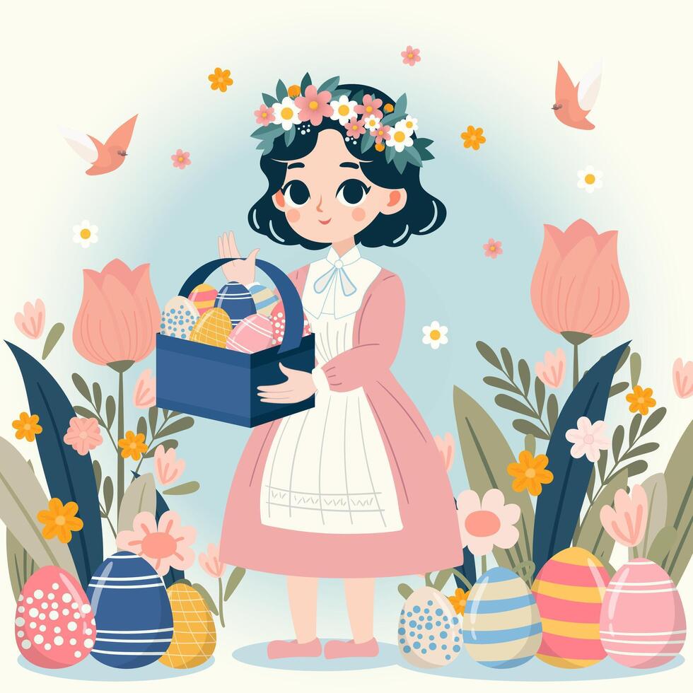 niña con canasta de huevos de pascua vector