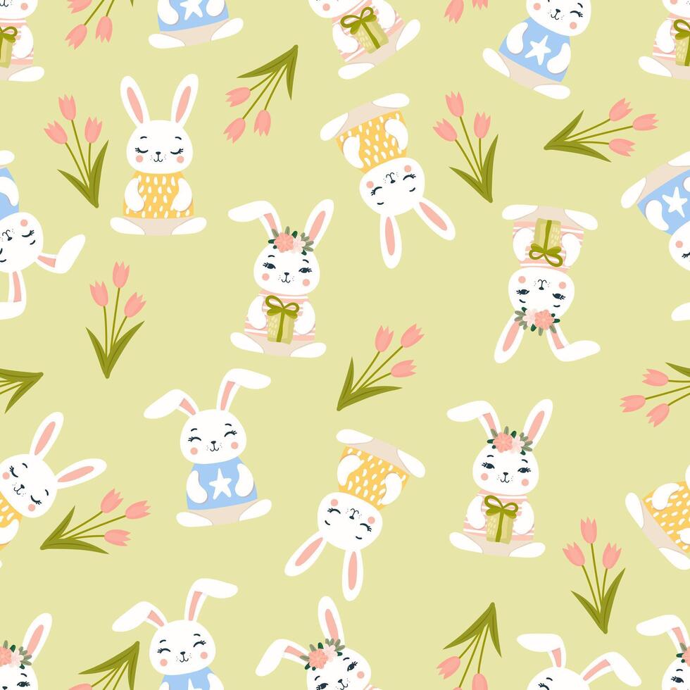 cute bunny seamless pattern and camomile vector