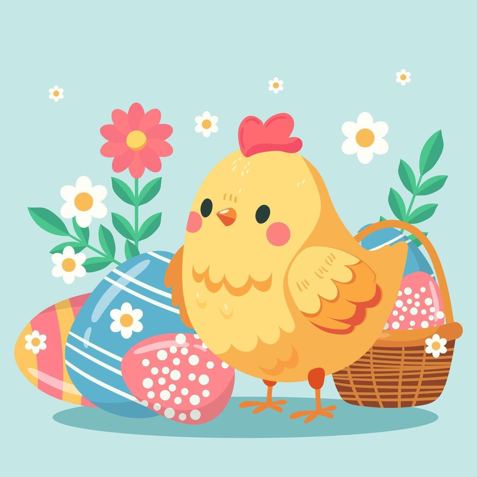 Happy easter card with chicken and eggs flat style vector