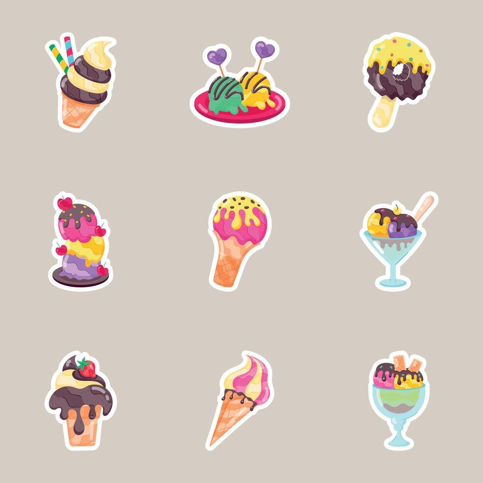 Set of Ice Cream Dessert Flat Style Stickers vector