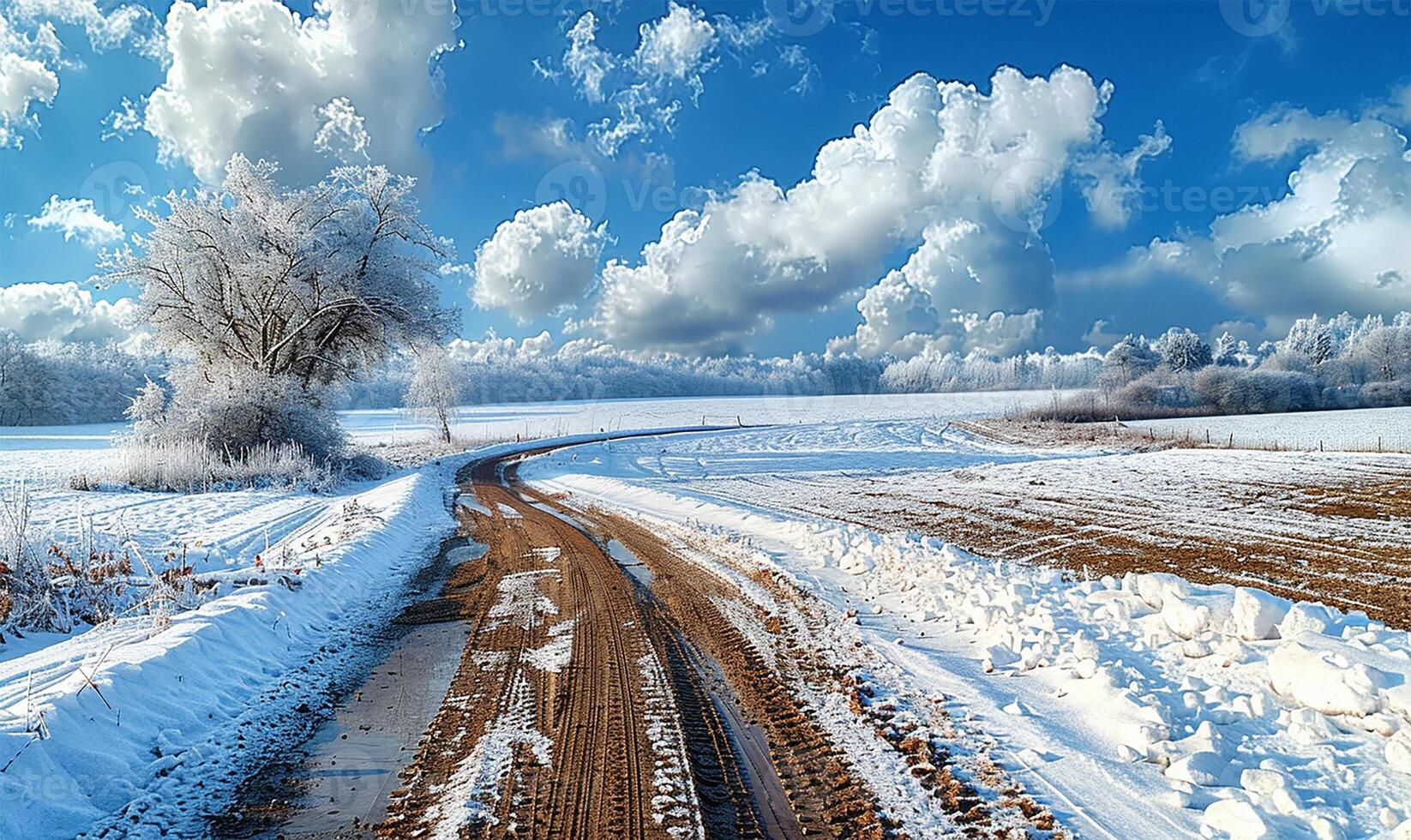 AI generated Snowy path to frosty woods, blue sky photo