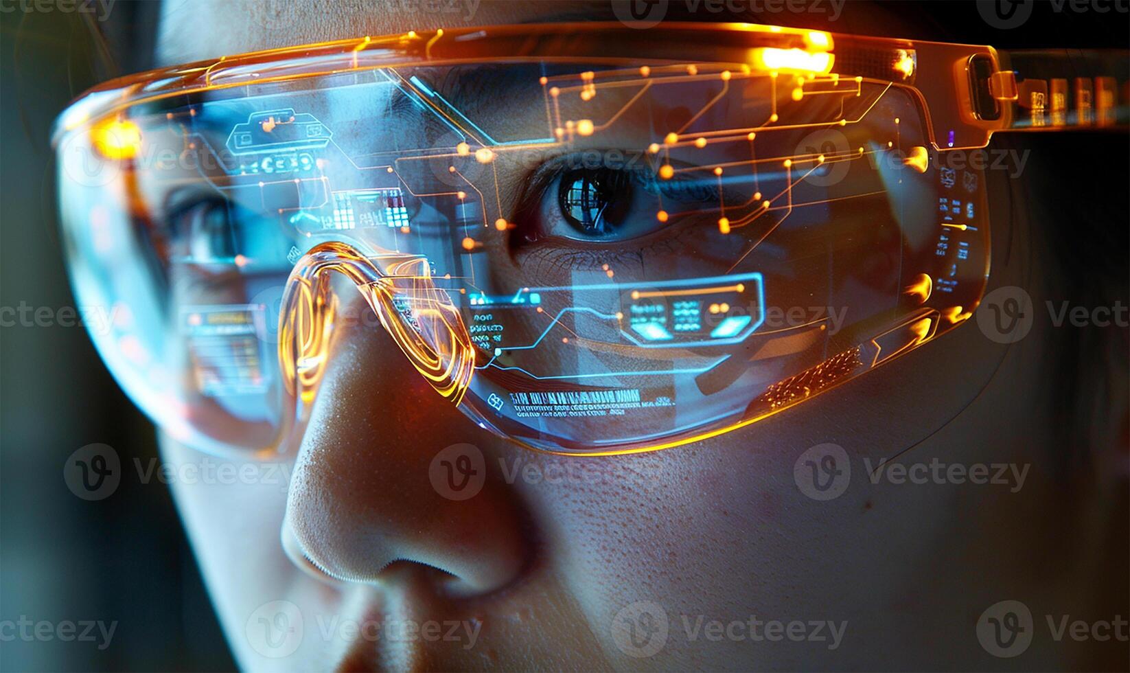 AI generated Engineer inspecting AI, glasses reflection photo