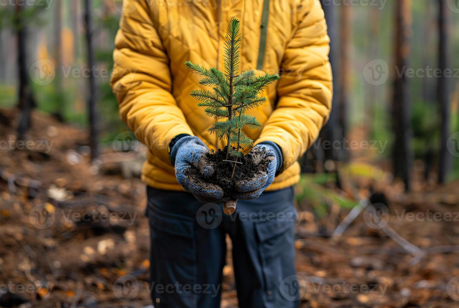 AI generated Volunteer cradling sapling, forest closeup photo