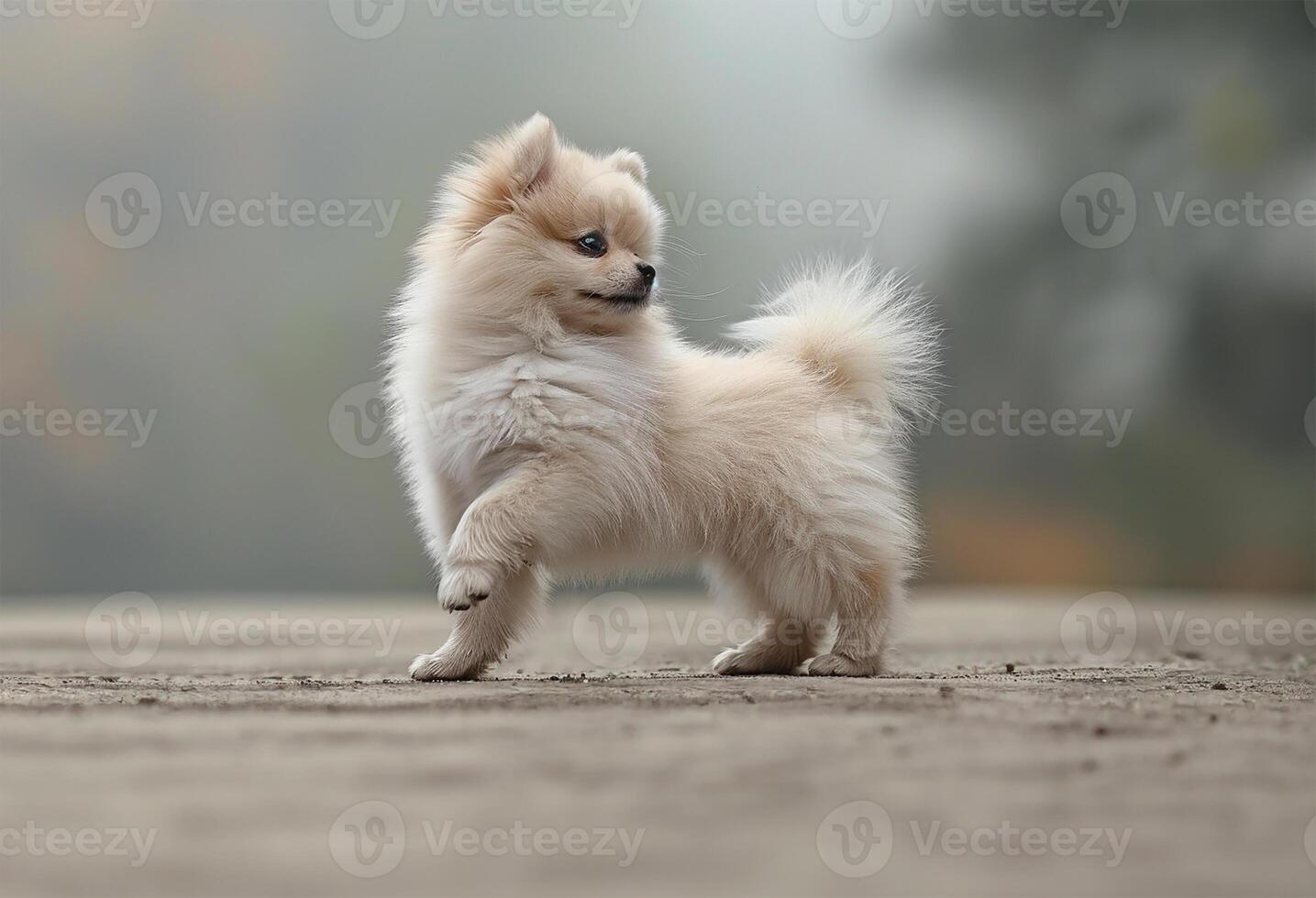 ai generado al aire libre en pie blanco pomeranio, pata arriba foto