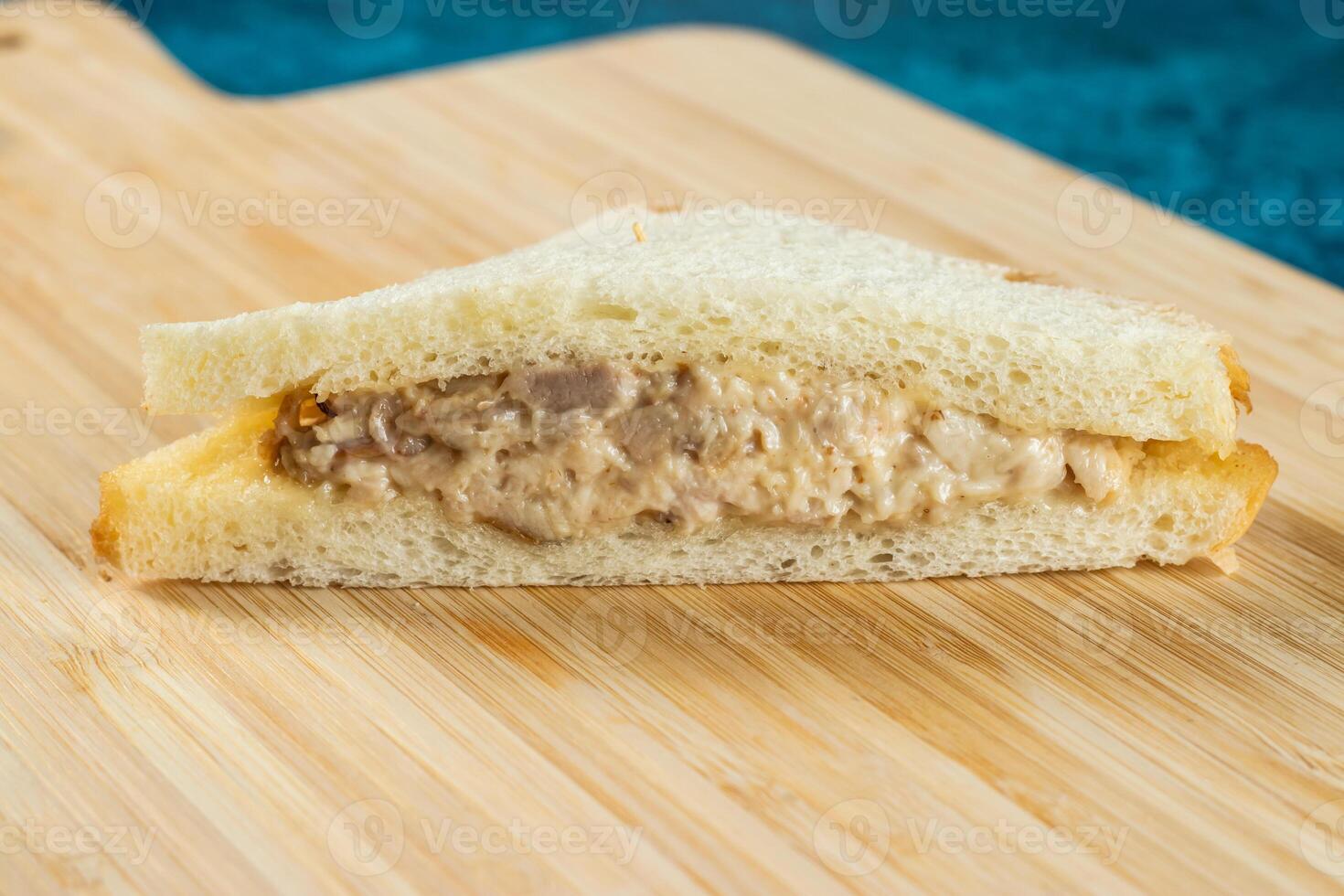 Fresh club sandwich filled with chicken and mayo dip isolated on table top view of indian food photo