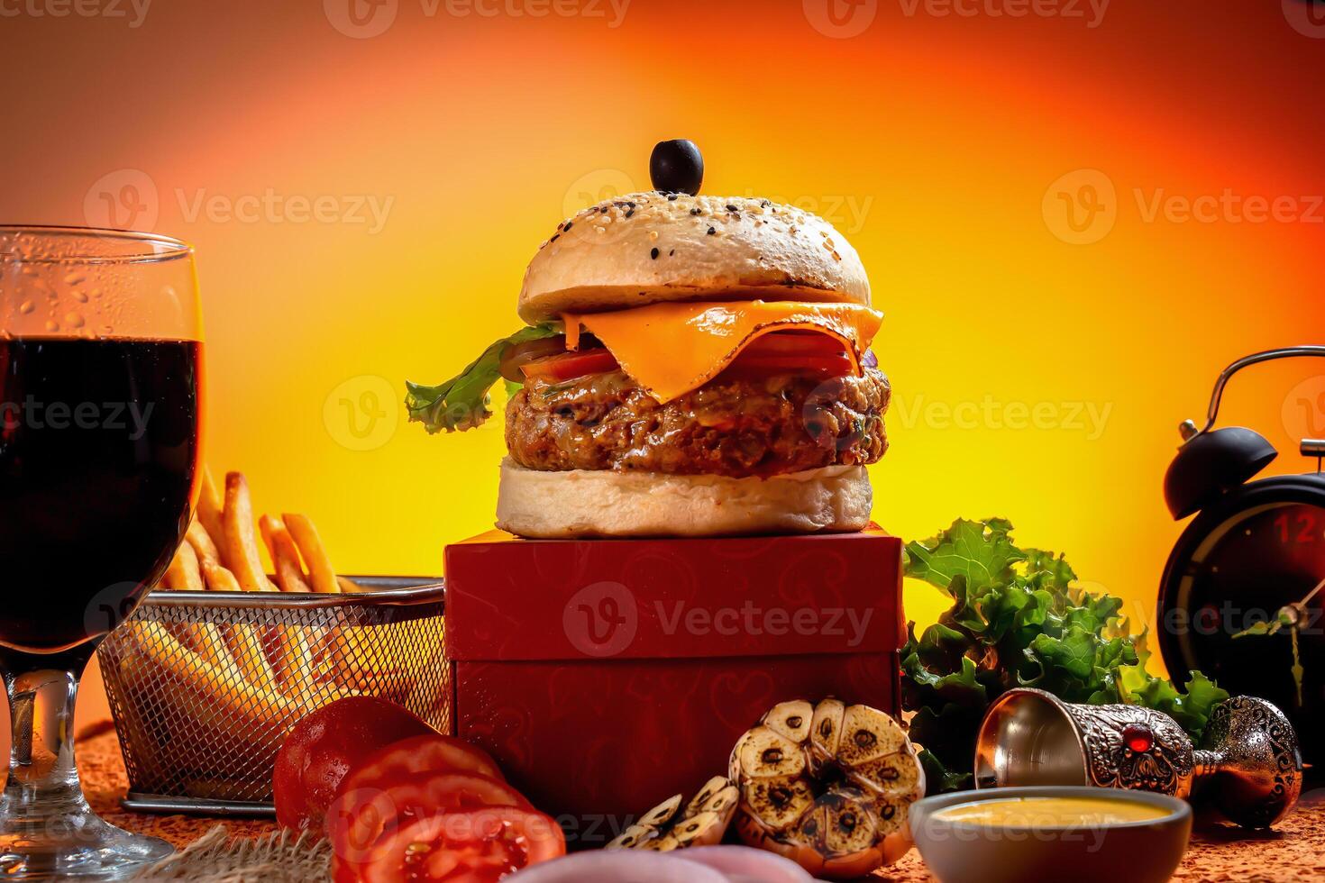 Tongue Twister Beef Naga burger with fries and tomato slice isolated on wooden board side view of american street food photo