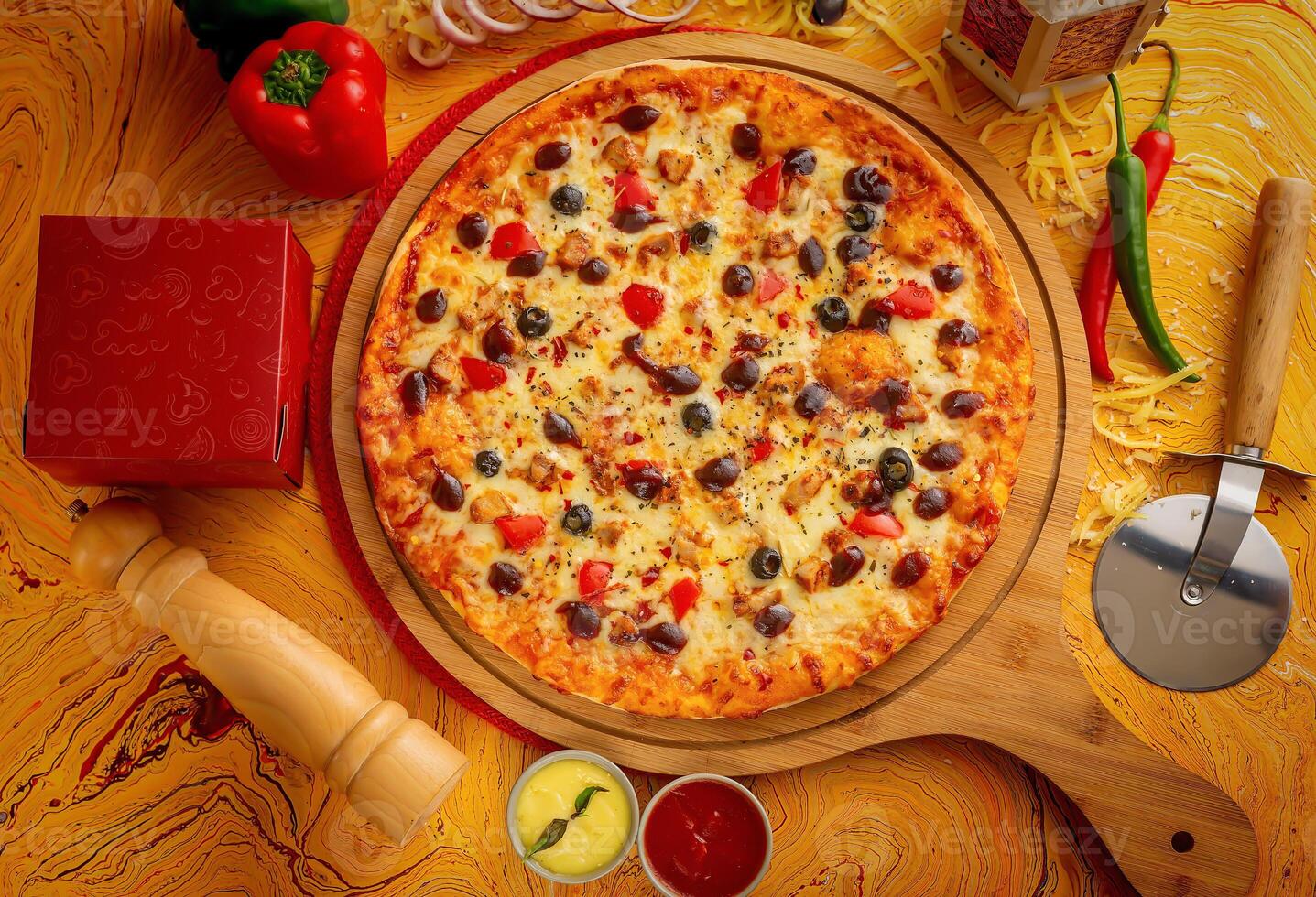 barbecue chicken pizza with tomato sauce and mayo isolated on wooden board top view of italian food on wooden background photo