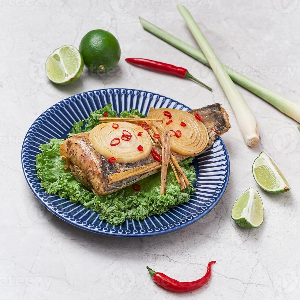 Grilled Catfish with spring onion and lemon served in a dish isolated on grey background side view of vietnam food photo